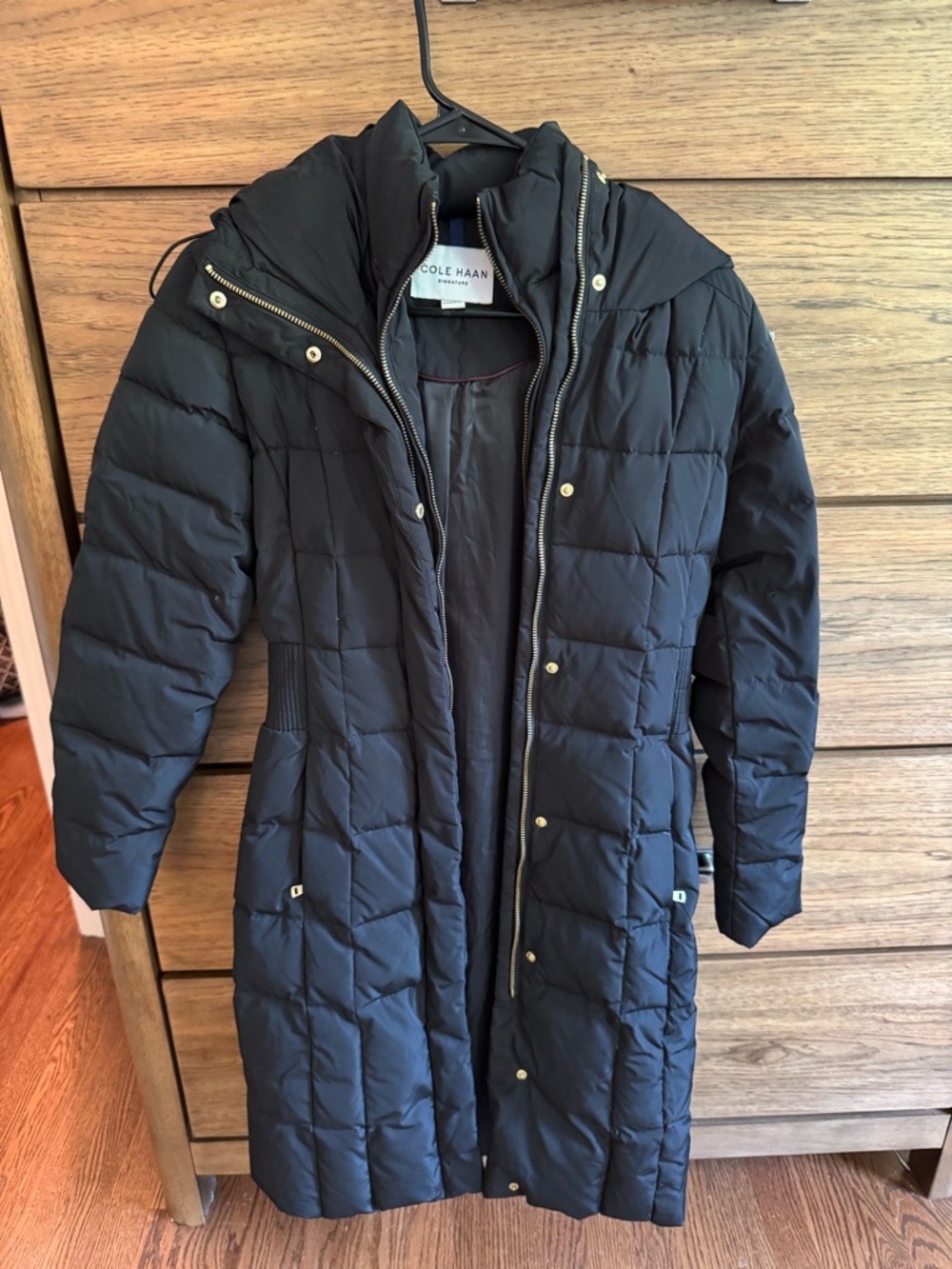 Cole Haan Signature Black Long Quilted Puffer Coat with Hood